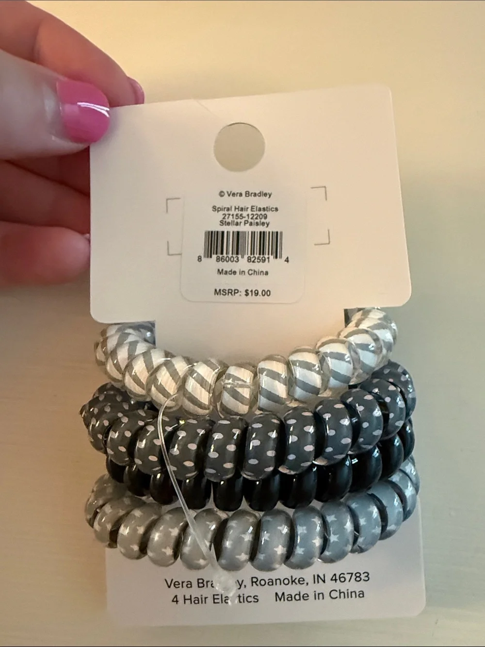 Vera Bradley Gray and Black Spiral Hair Elastics - Set of 4